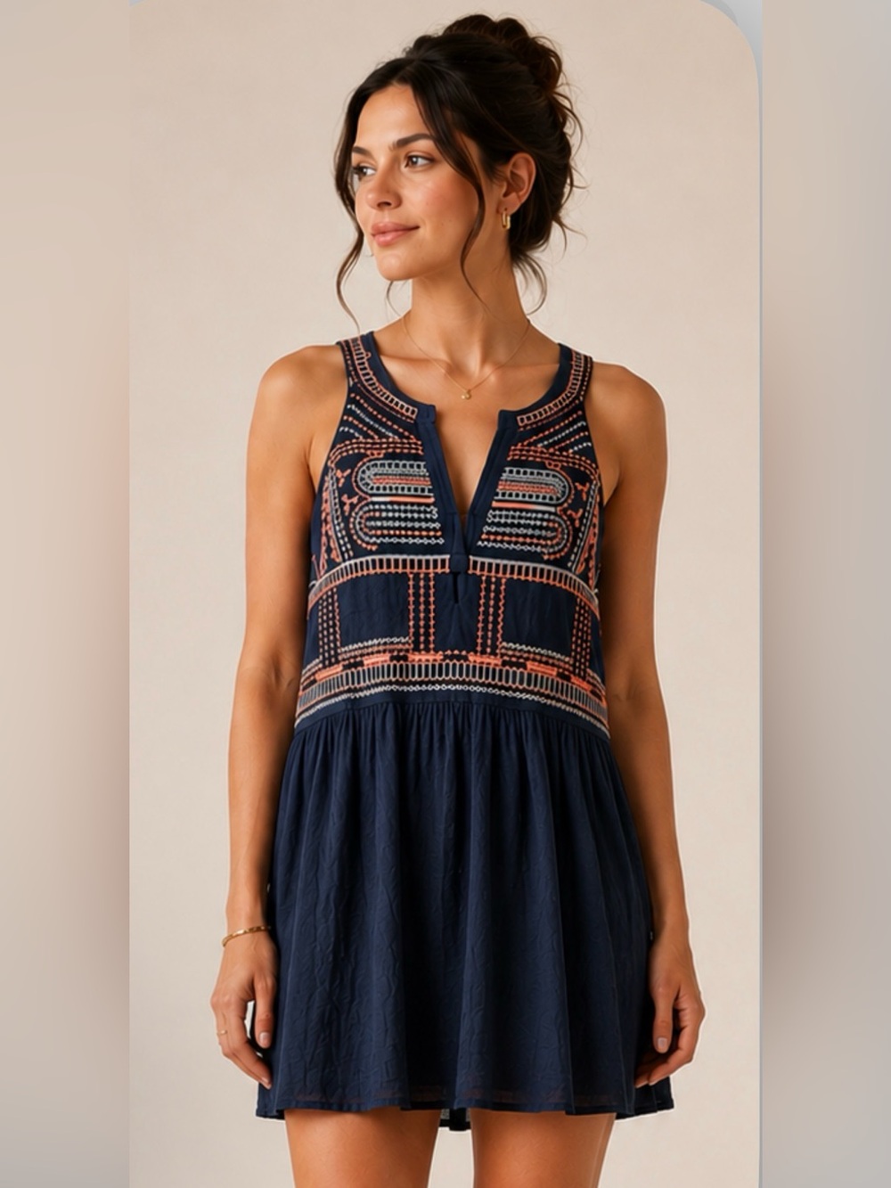 THML Navy Maxi Dress with Coral & Light Blue Embroidery